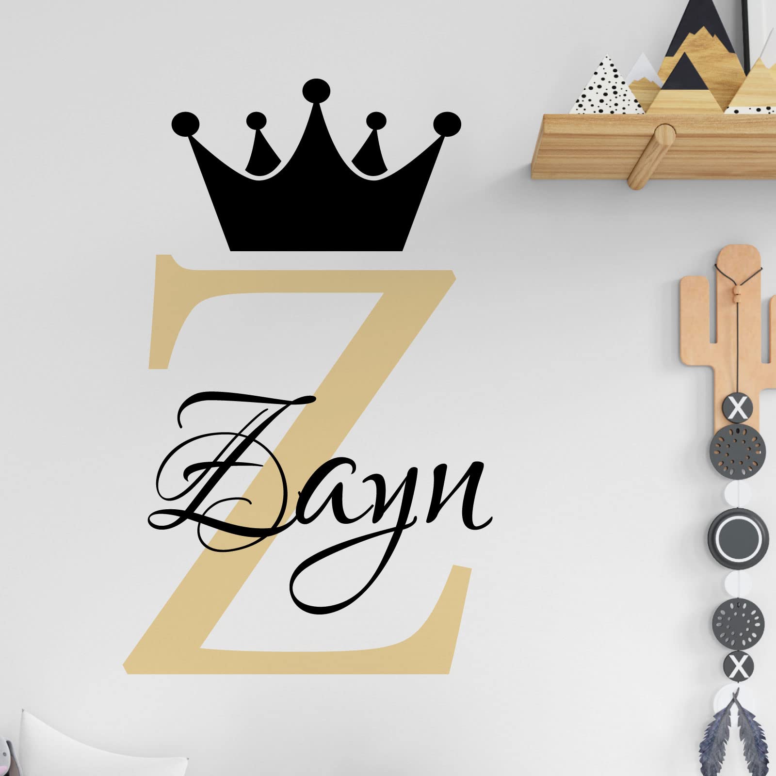 Personalised Name Baby Prince Princess Decal Wall Sticker - Initial Letter Crown [Large] [Cream]