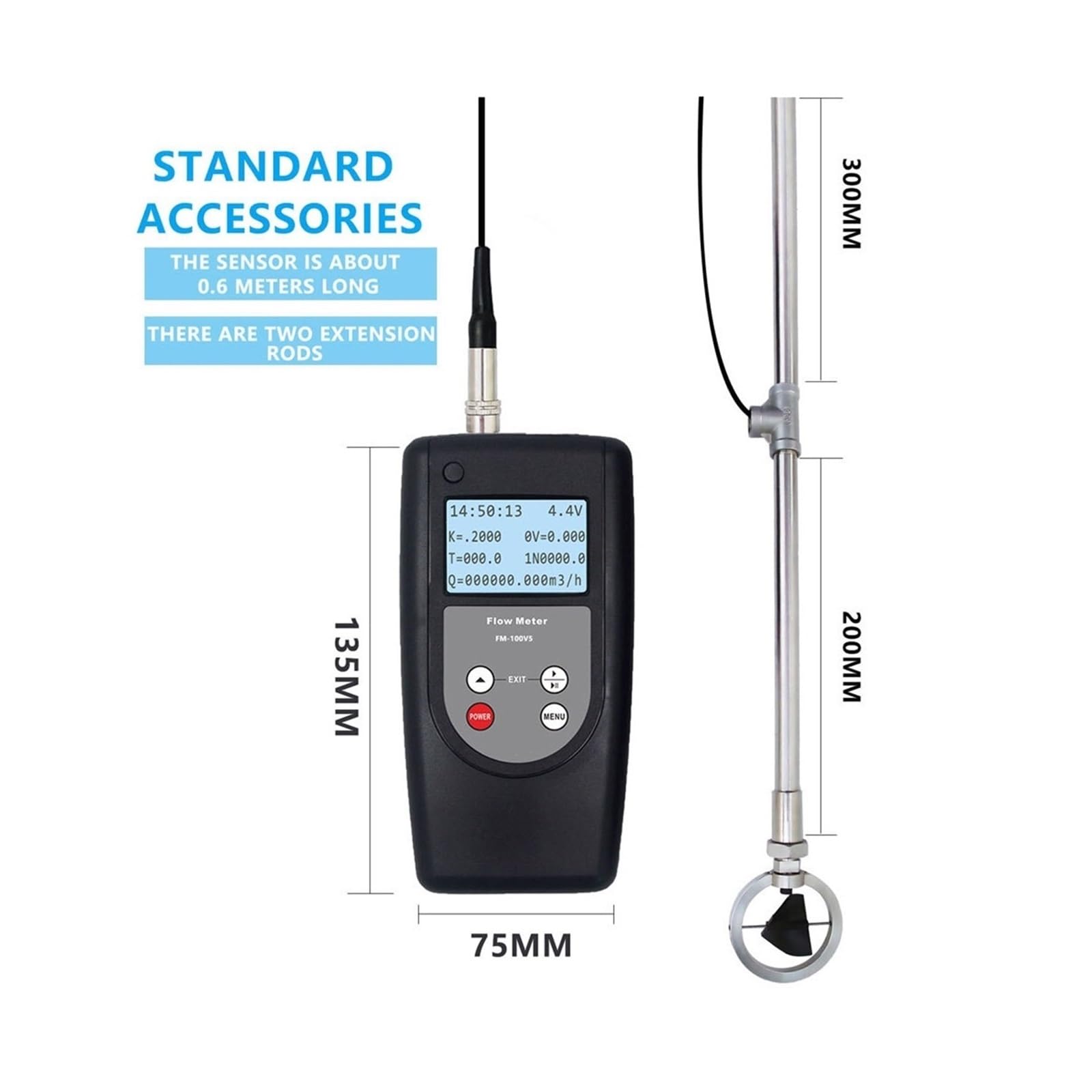 Digitaler Durchflussmesser, Tragbarer Durchflussmesser, digitaler FM-100V5, tragbarer for offene Kanäle