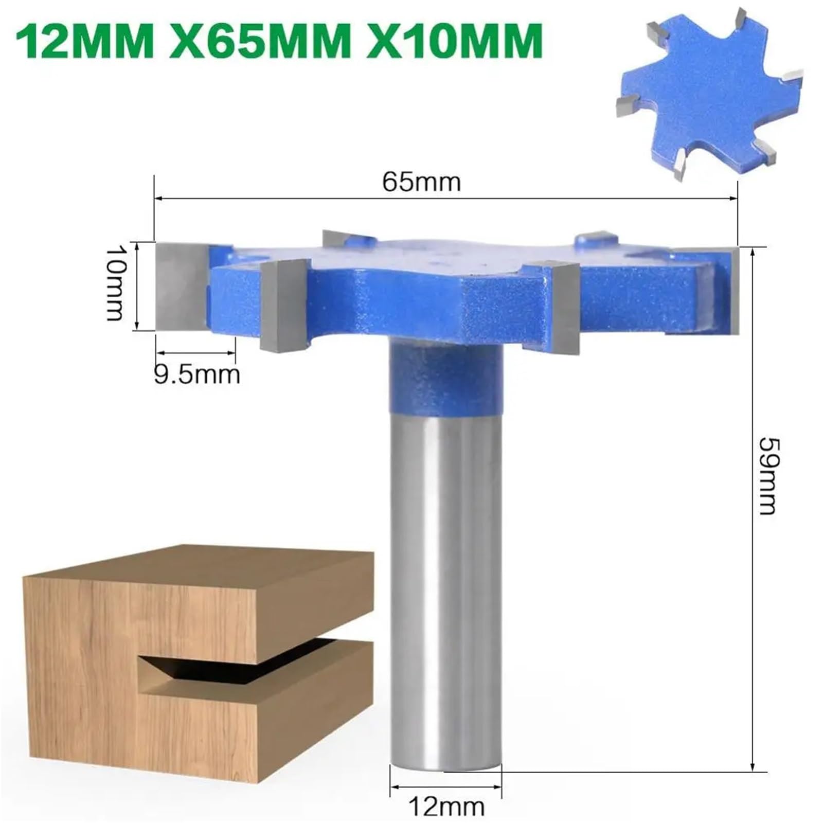 1 pz. Gambo da 1/2" 12 mm Fresa for scanalatura a T a 6 bordi for legno di qualità industriale,Grado industriale(12shankX65mmX10mm)