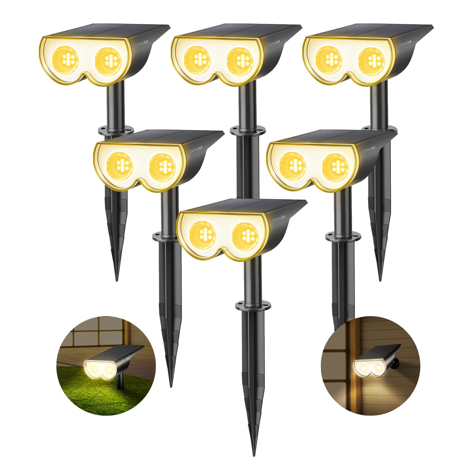 Solar Spot Lights Outdoor, 16 LEDs IP67 Waterproof Solar Outdoor Lights, Auto On/Off Solar Landscape Spotlights, 2-in-1 Adjustable Wall Lights for Garden Yard Pathway, 6 Pack (Warm White)