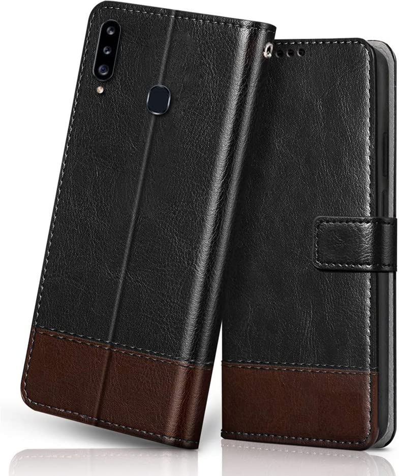 Windmill Premium Vegan Leather Dual Flip Magnetic Mobile Cover Case|Kickstand & Card Holder|360 Degree Grip Protection| Wallet Type with Magnetic Closure for Samsung Galaxy A20s-(Black with Brown) (B09RQ3S1KC) Amazon Price History, Amazon Price Tracker