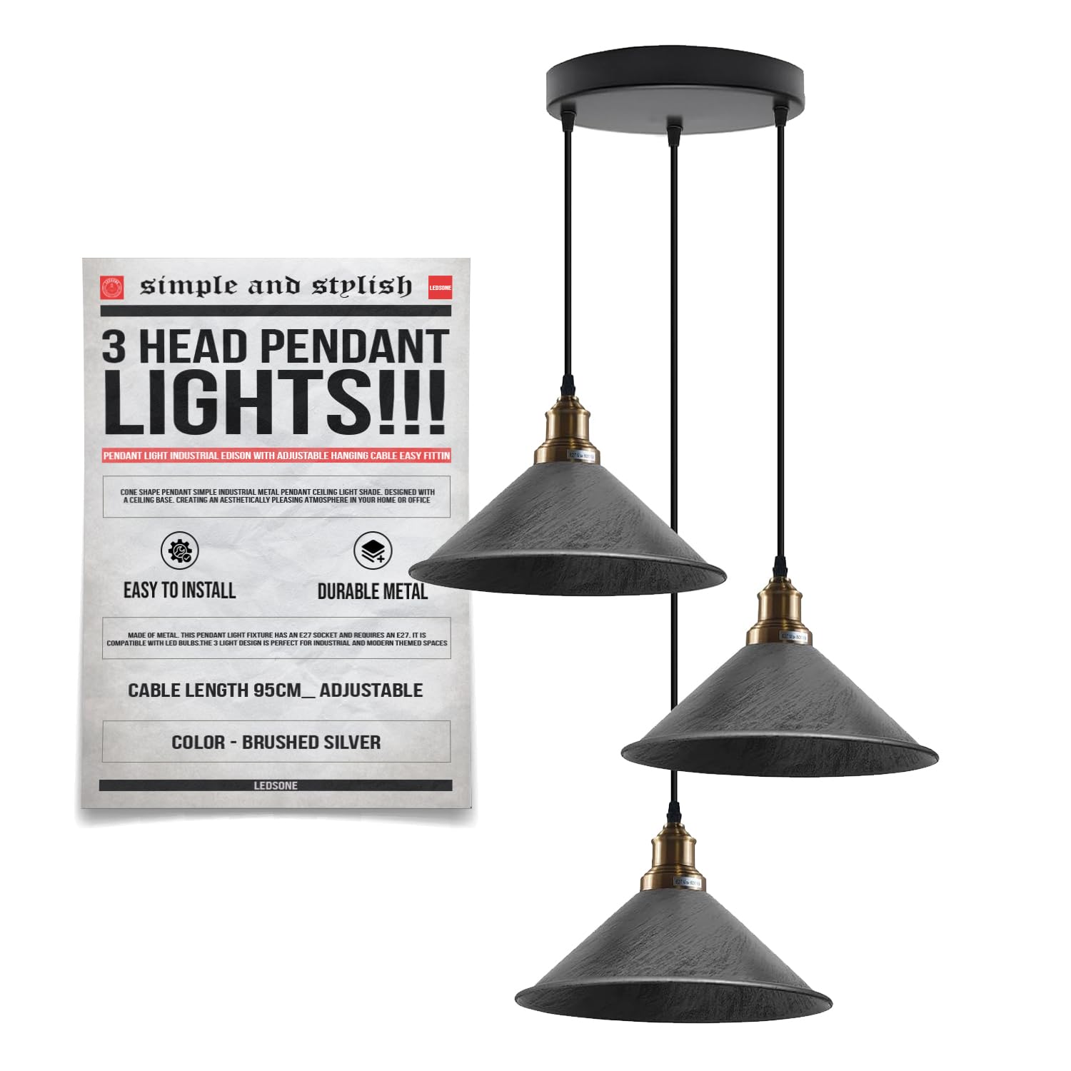 LEDSone Industrial 3 Head Black Metal Ceiling Pendant Light (Brushed Silver) โ image 1
