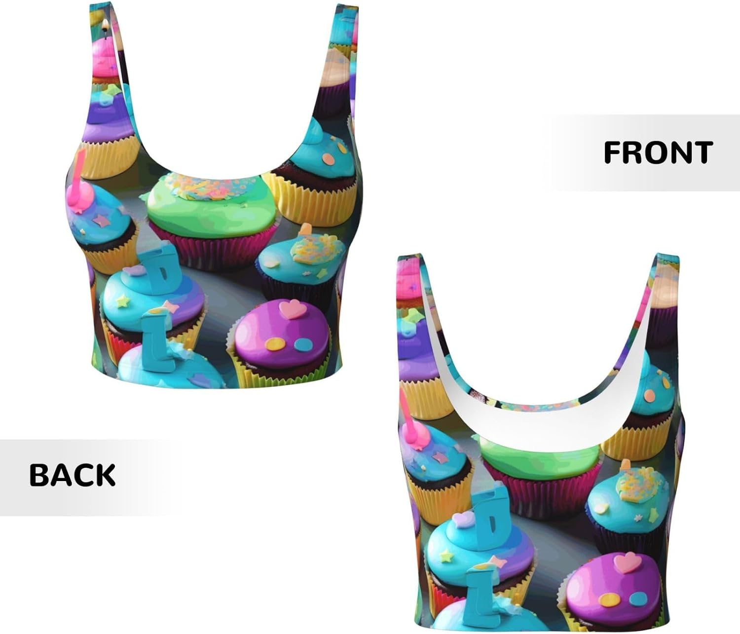 Colorful Happy Birthday Cupcakes Print Women's Strappy Sports Bra, Stretch Gym Bras U Neck Yoga Tops, Comfort Seamless Bra