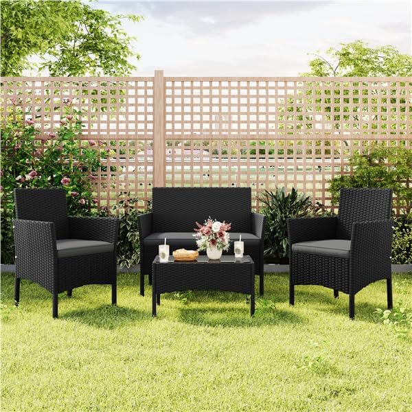 Yaheetech Rattan Gartenmöbel-Set, 4-teilig, Outdoor Lounge Möbel, Tisch, 2 Stühle, 2-Sitzer-Bank, mit Outdoor Kissen wetterfest, Terrassenmöbel, für Terrasse (Schwarz (Rattan) & Grau (Kissen))