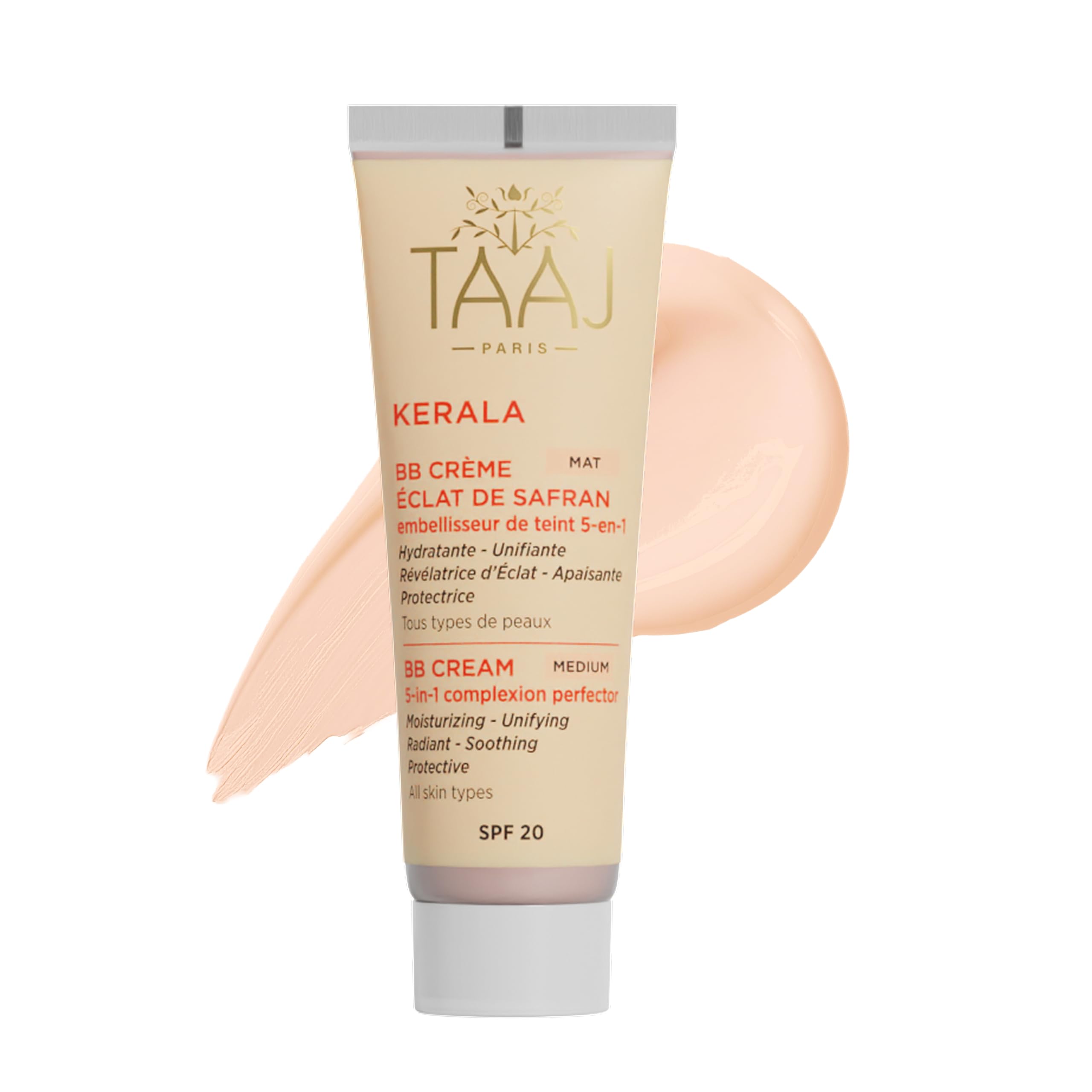 TAAJ | BB Crème Éclat de Safran Mat SPF 20 - KERALA | Hydrate, Unifie & Illumine le teint | Apaisante | Cible les irrégularités pour une peau parfaite | Texture légère & non grasse | Vegan | 50ml
