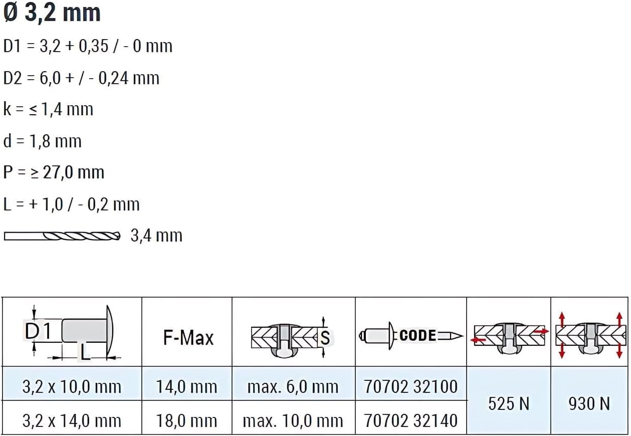 Grooved Rivets RILLI AL/ST - Flat Head - 3.2x14 mm