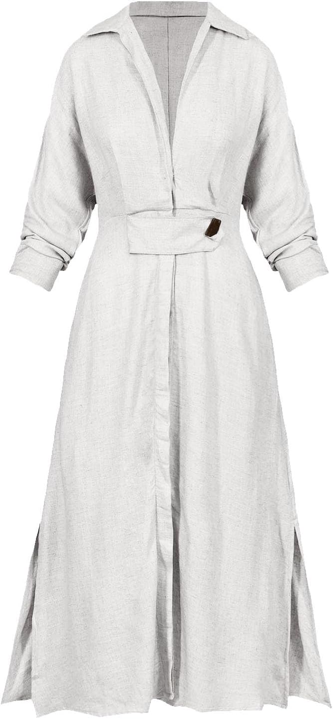 Shirt Dress for Women Lapel Collar Loose Cotton Linen Long Sleeve Cardigan Dresses Slim Fit High Waist Dress
