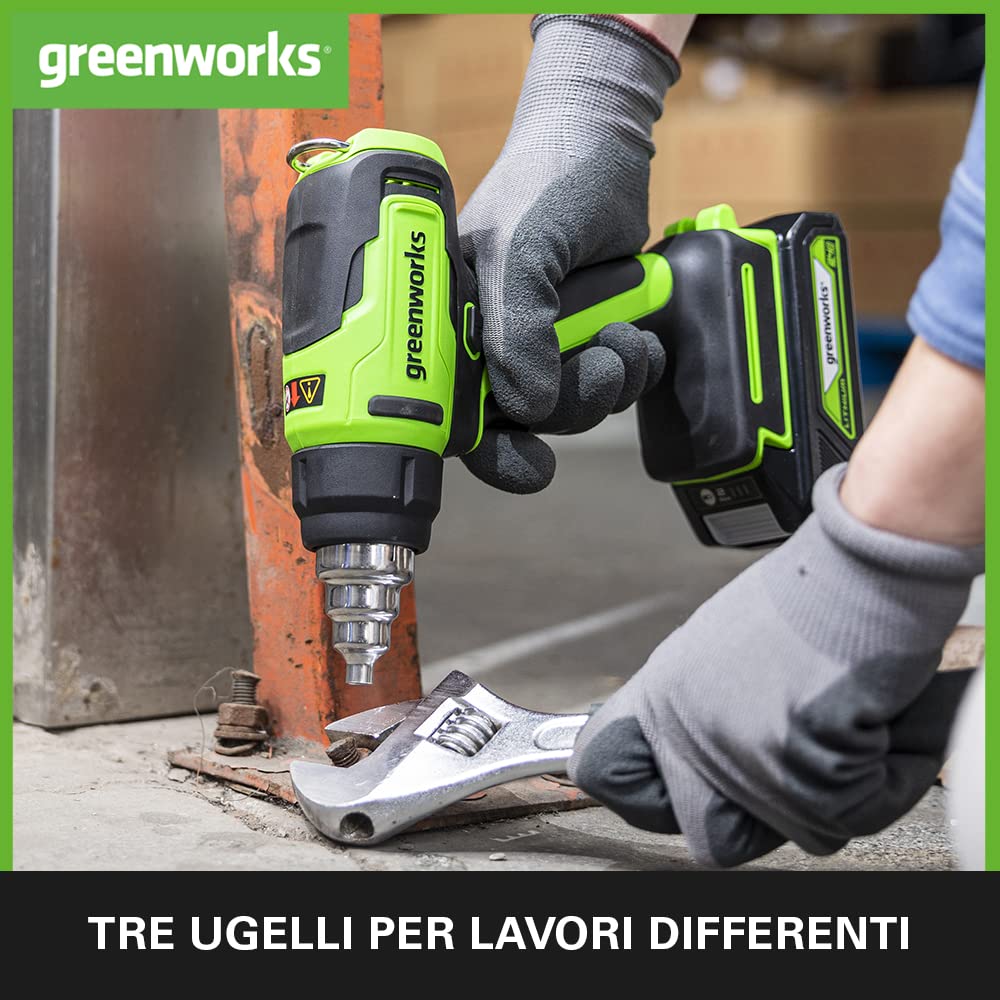 Greenworks G24HG Pistola Termica a Batteria, Riscaldamento Rapido 9 Secondi, Ventola 2 Velocità 200L/min., SENZA Batteria 24V e Caricabatterie, Garanzia 3 Anni