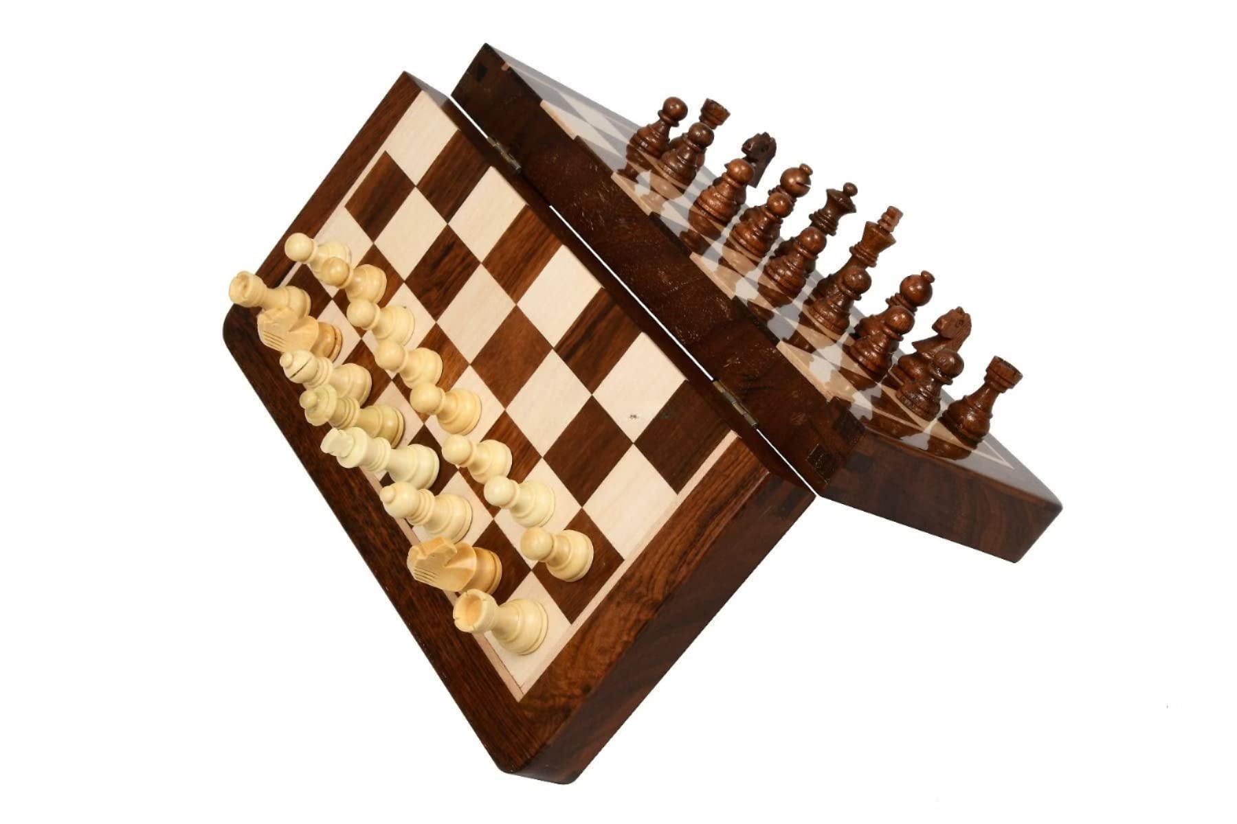 Kid,Teen,Adult Handcrafted Foldable Magnetic Chess Board 12 * 12 Inches With Chess Coins, Lacquer Polished (Rosewood Sheesham Wood Portable Travel Chess Board Set)