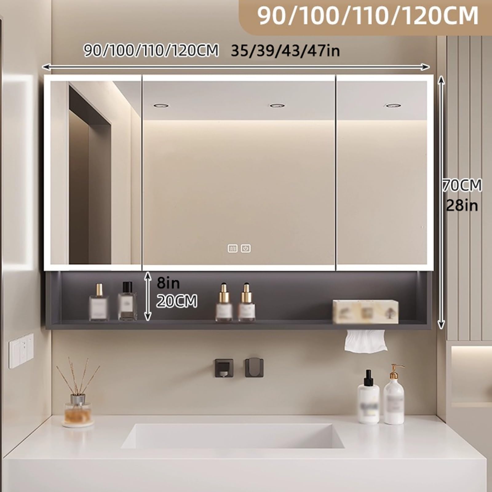 Amazon.co.jp: 壁掛けミラーキャビネット、LEDライトとミラー付き薬用