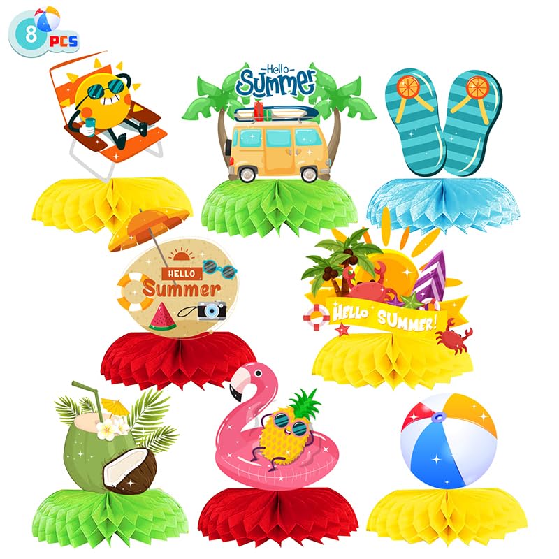 8 Pcs Hawaiian Honeycomb Table Centerpiece Hello Summer Party Decoration Table Decoration for Aloha Summer Pool Beach Birthday Home Hawaiian Party, Palm Trees, Coconuts, Flamingos Decoration