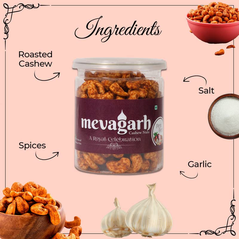 Mevagarh Peri Peri Flavoured Cashews Nuts (200g X1) | Salted, Non Fried, Oil Free, Crunchy Kaju Snack | Cashew Nuts | Premium Spicy Flavoured Nuts | Whole cashews | Whole Crunchy Cashew (Masala Kaju)