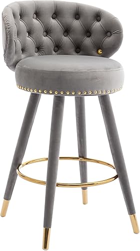 Miniatura 12 de Juego de 2 taburetes de bar, cojín grueso de terciopelo, con ribete de anillo y botón giratorio trasero, con una altura fija de 360 grados, Negro