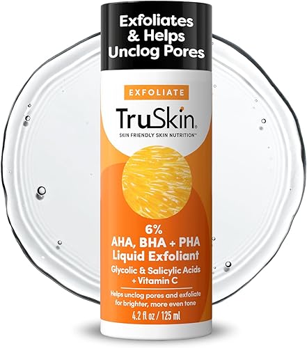TruSkin BHA Exfoliante líquido y tóner – PHA AHA BHA exfoliante suave con ácido salicílico y glicólico, vitamina C – Mejora la apariencia del tono y