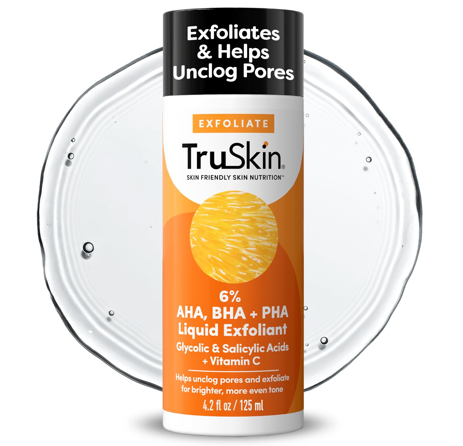 TruSkin BHA Liquid Exfoliant & Toner for Face - Triple Acid AHA BHA PHA Chemical Exfoliator with Salicylic, Glycolic Acid & Vitamin C - Improves Tone & Texture, Unclogs Pores, 4.2 fl oz