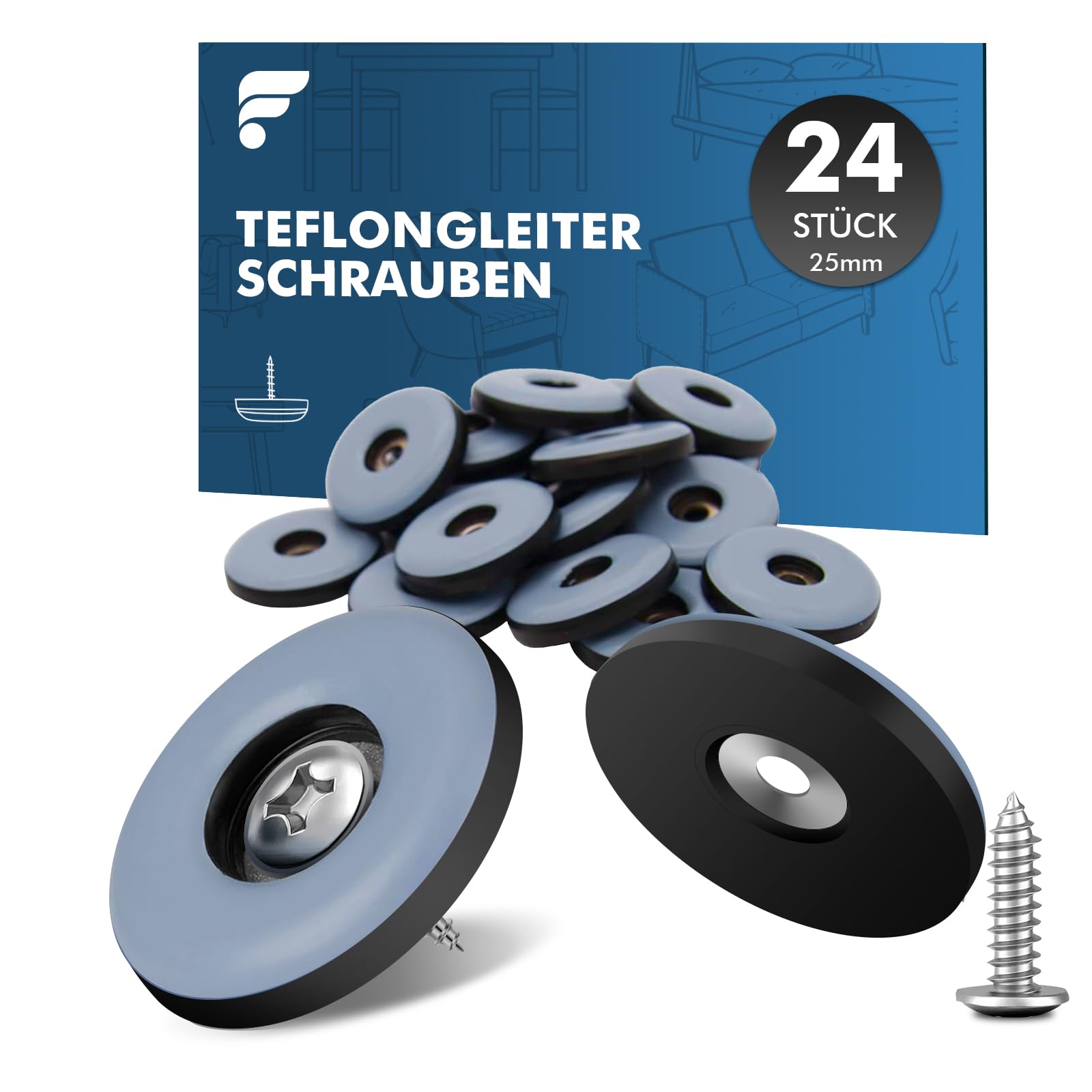 shinfly Möbelgleiter Teflon Set - 24 Stück Blau Runde Teflongleiter, Effektive Befestigung und Schutz für Möbel und Böden