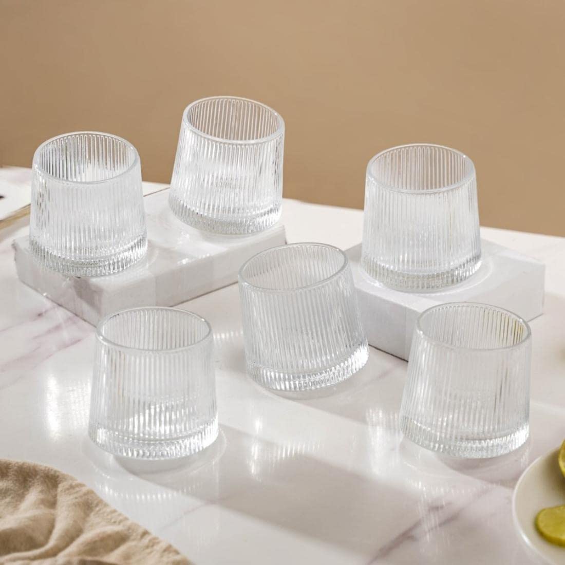 Nestasia Rotating Whiskey Glasses Set of 6 (150ml Each) - Ribbed Microwave & Dishwasher Safe Glasses with Rotating Base - Perfect for Whiskey, Scotch, Bourbon, Brandy, Cognac