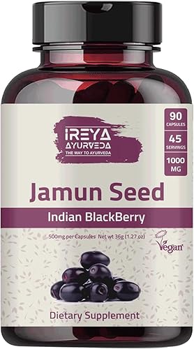 Semilla de Jamun 1000 mg (90 cápsulas) - Mora india (Eugenia Jambolana) hierba ayurvédica, suministro para 45 días