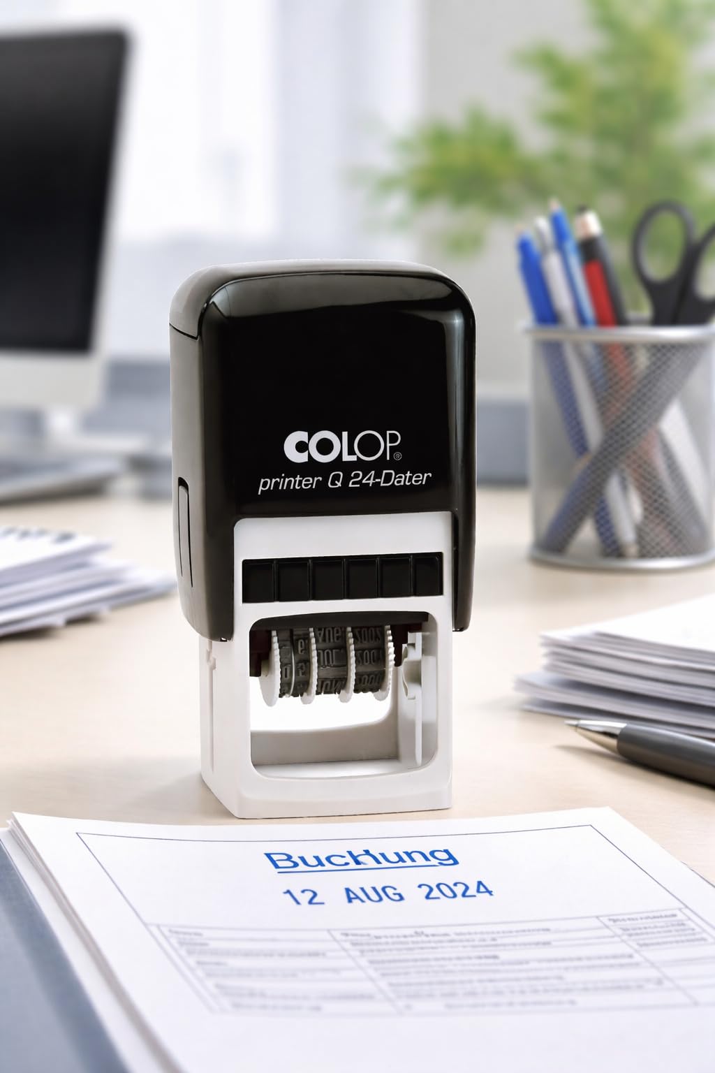 COLOP Printer Tampon dateur avec texte individuel - Tampon dateur auto-encreur personnalisable - Différentes tailles et modèles - Avec encre d'empreinte individuelle (24 x 24 mm 4 lignes Q24)