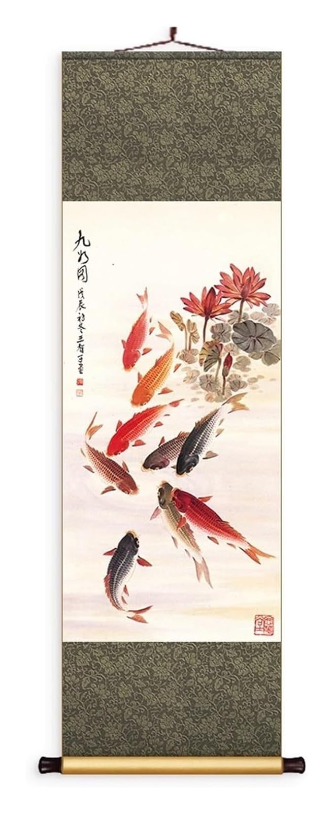 Chiński obraz z dziewięcioma rybami, ręcznie robiona sztuka wisząca na jedwabiu, orientalny mural Feng Shui, pomysł na kreatywny prezent(Retro C,50L x 158W cm)