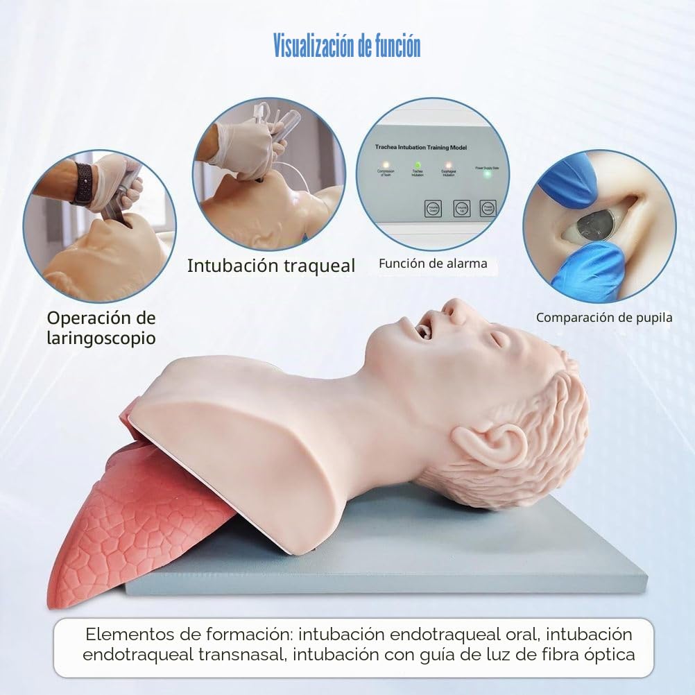 Modelo de intubación para Adultos con laringoscopio y Controlador para Entrenamiento Emergencia en manejo vía aérea orofaríngea, Modelo anatómico con Dientes y Alarma de presión, Modelo