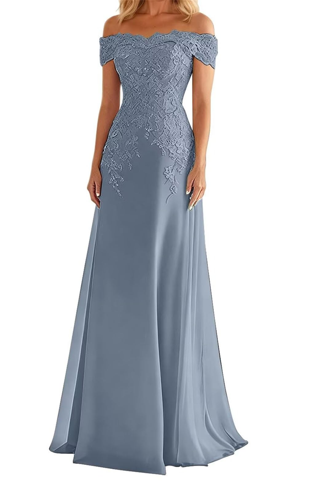 WSEYU Off Shoulder Mother of The Bride Groom Dresses Lace Applique Satin Formal Evening Grandmother Gowns ZMKI420 Dusty Blue UK10