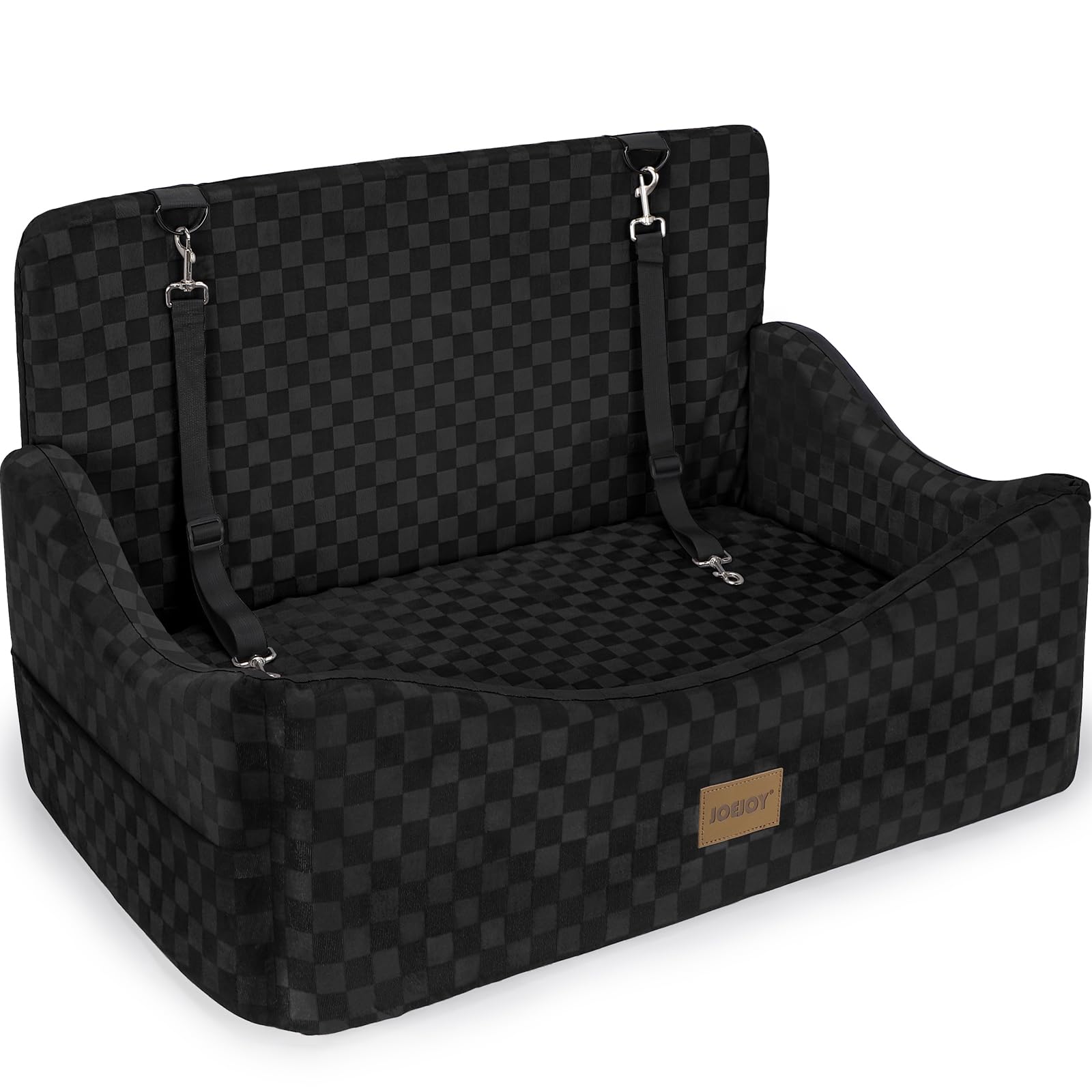 JOEJOY Dog Car Seat for Medium/Large Dogs - Reversible Dual-Sided Travel Dog Car Bed with Memory Foam, Washable Pet Booster Seat for Do gs up to 55 lbs or 2 Small Dogs, 2 Safety Leashes, Black