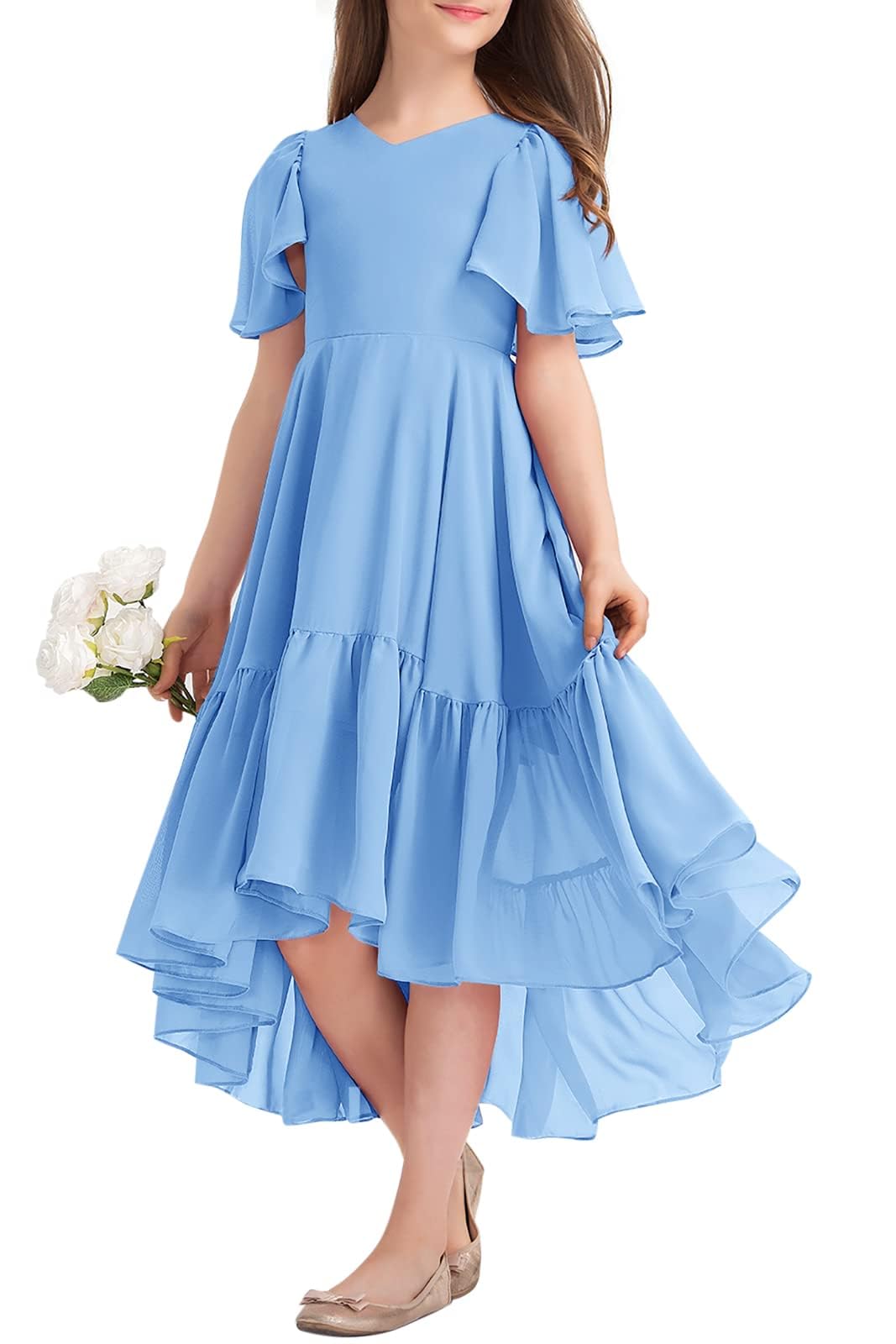 Haloumoning Meisjes Zomerjurk met V-hals, Ruche Jurk, Casual A-lijn Jurk, Flowy, Hoog-Laag, Lang, Partyjurk, Elegant, Lange Avondjurk, lila, 140