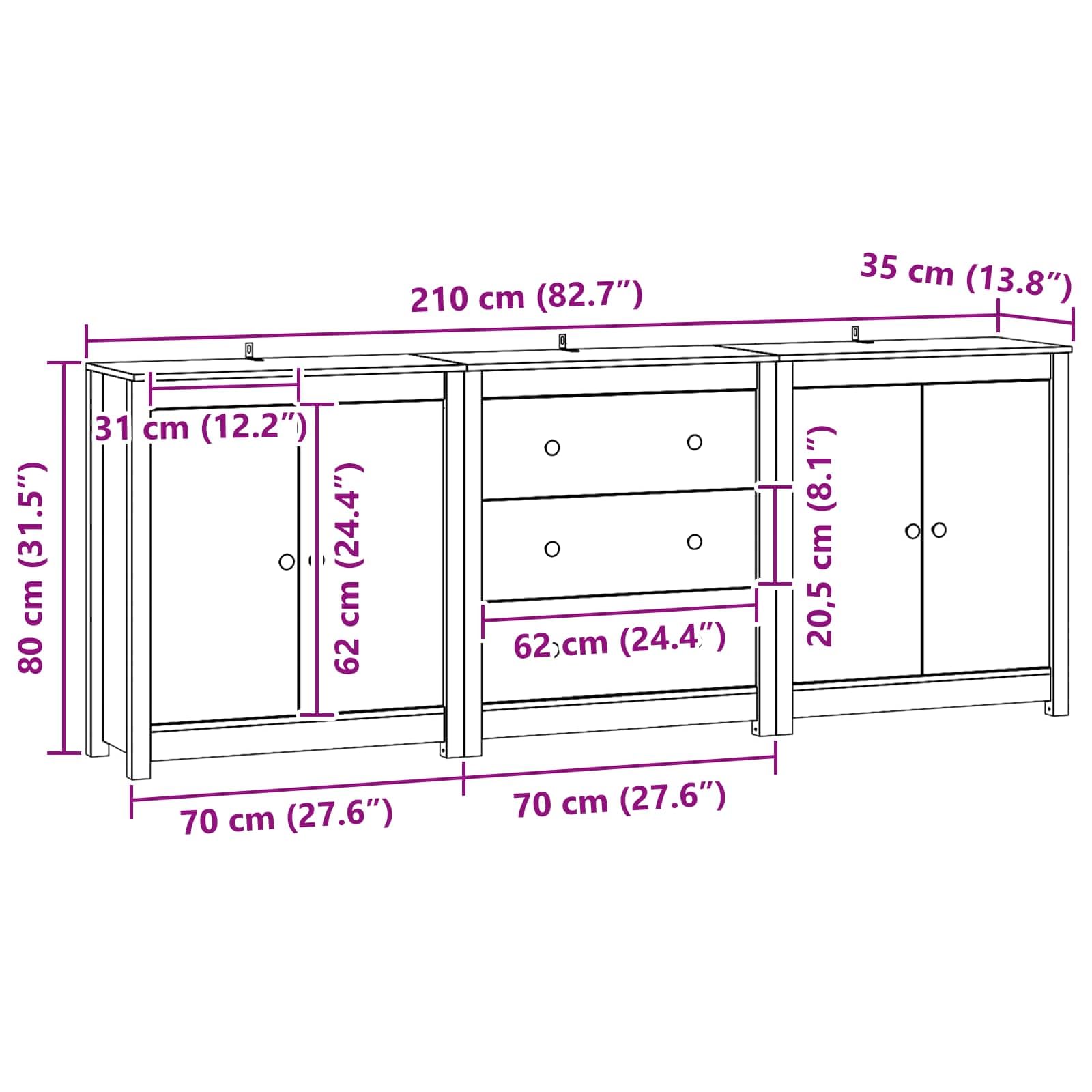 Set di 3 credenze in legno massello di pino marrone cerato, 210 cm