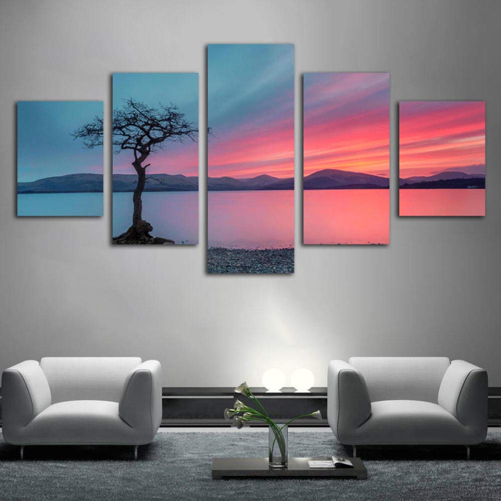 BAOJIAN 5 Canvas Painting Living Room HD Print Wall Art Pictures Painting 5 Piece/Pcs Tree And Lake Rosy Clouds Landscape Poster Painting on Canvas