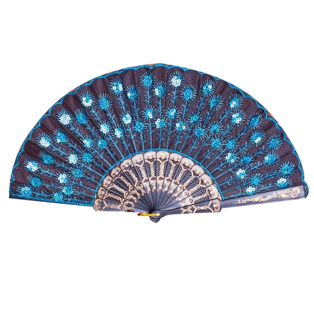NZPOST Folding fan Peacock Pattern Folding Hand Held Fan Embroidered Sequin Party Wedding Prom Chinese Spain Hand Fan Folding fan (F)
