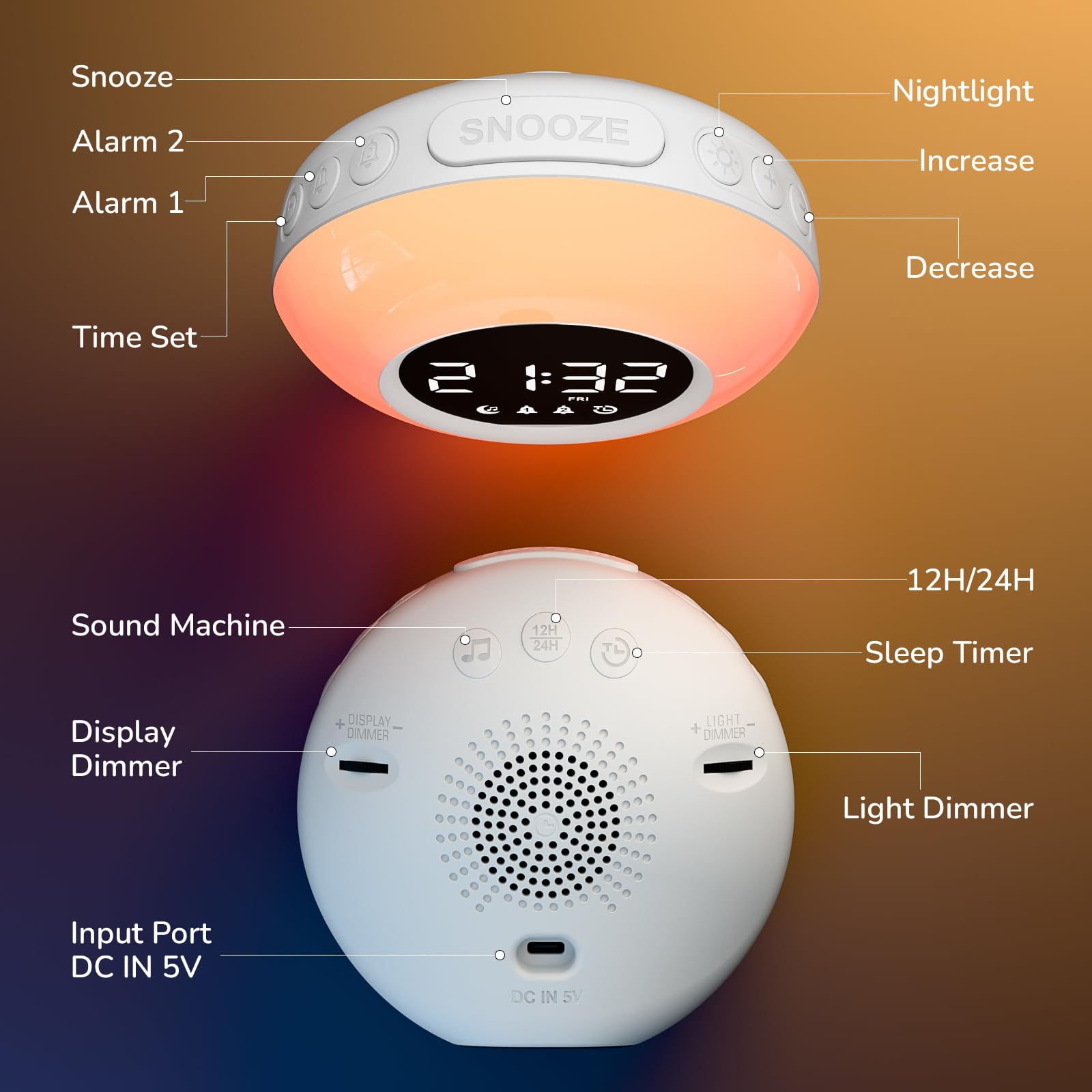 Wecker Digital, Kinderwecker mit Nachtlicht, 12 White Noise, 2 Alarmanzeige, Snooze und Timer, Einstellbare Helligkeit, Wecker für Schulanfänger, Netzbetrieben