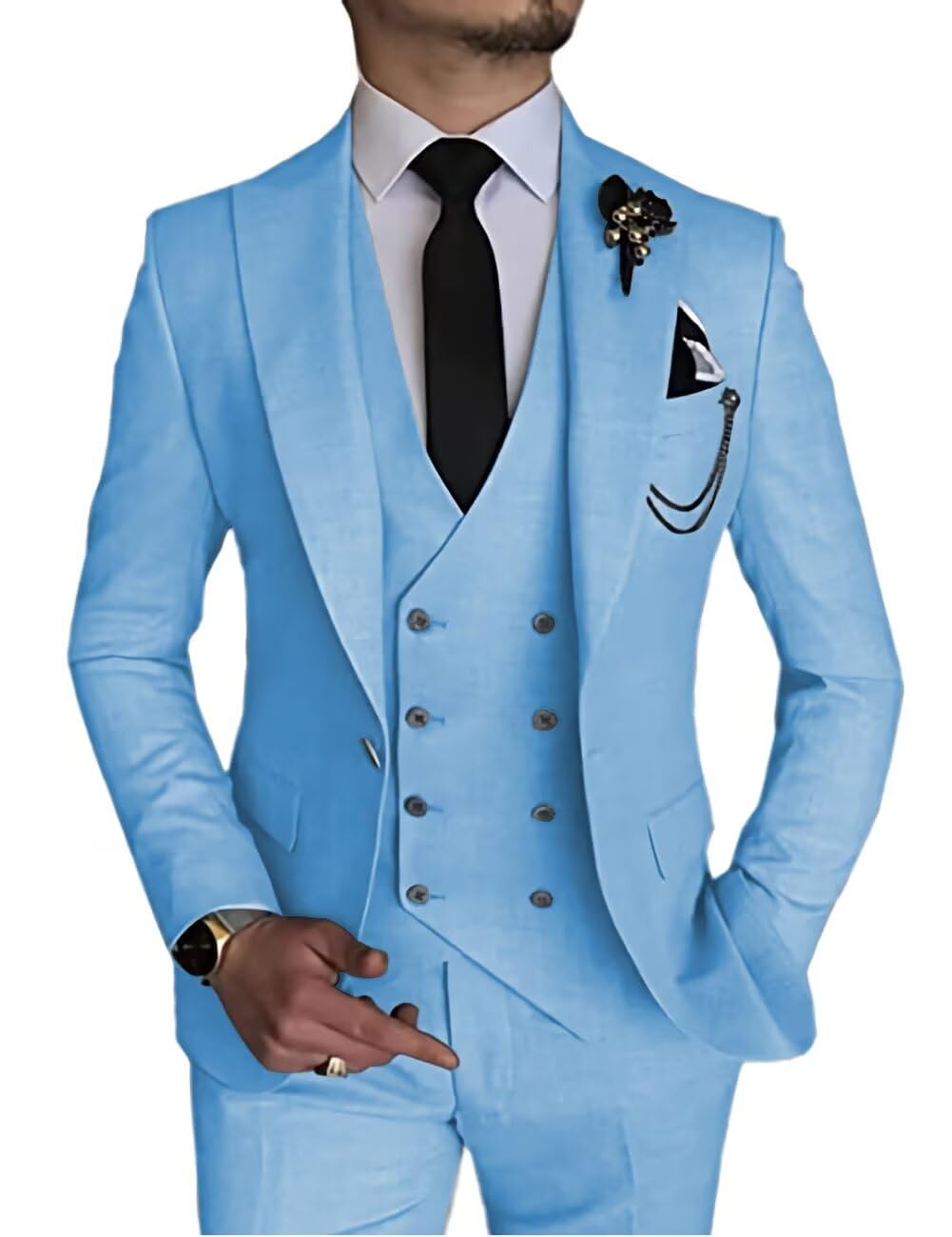 Wangyue 3 Piece Suit Slim Fit Double Breasted Mens Suits for Wedding Party Formal Prom One Button Blazer Vest Pants Sets