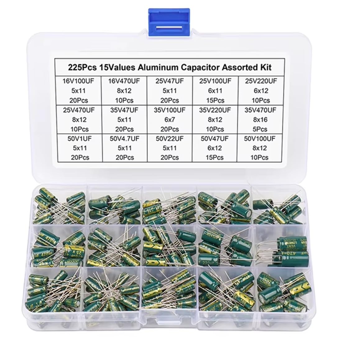 Xnuiasqe 15 Values 225Pcs Aluminum Electrolytic Capacitors High-Frequency Through-Hole Assortment Kit For Diy Projects