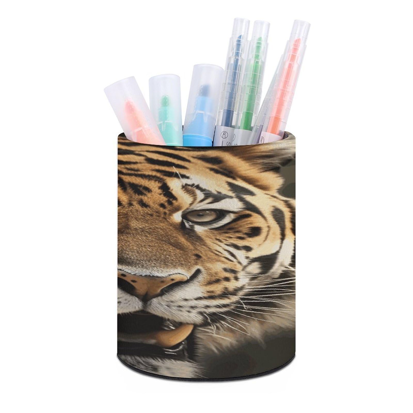 VstaDank Tiger Pen Holder Round Pencil Holder Cup Pen Container PU Leather Desk Organizer Stand Decorative Brush Scissor Holder Decoration Office Desk Home (3.1 x 3.9 inch)