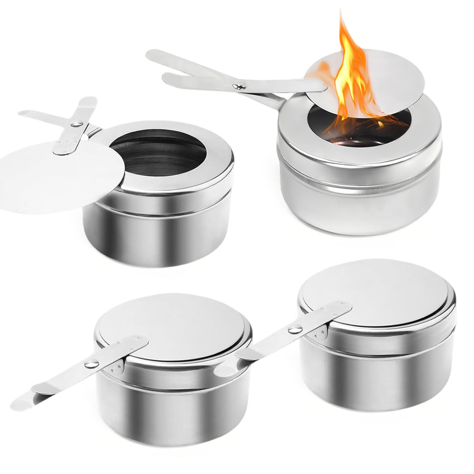 4 Stück Edelstahl Spirituskocher mit Deckel, Abnehmbar Brennpastenbehälter, Tragbar Fondue Brennpaste, Brennpaste für Warmhaltebehälter, Spiritusbrenner für Buffet, Hot Pot, Camping, Wandern