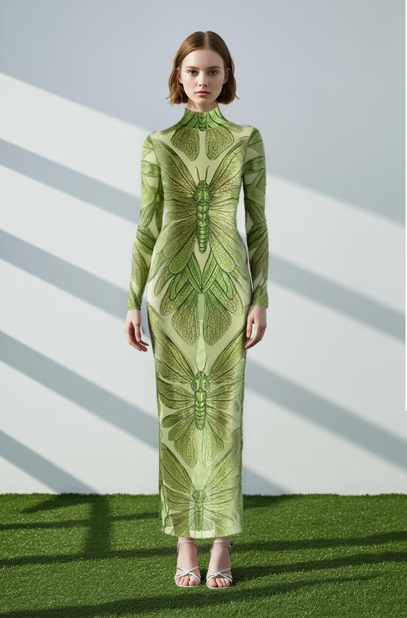 JW PEI Women's Emerald Dragonfly Sheer Mesh Gown