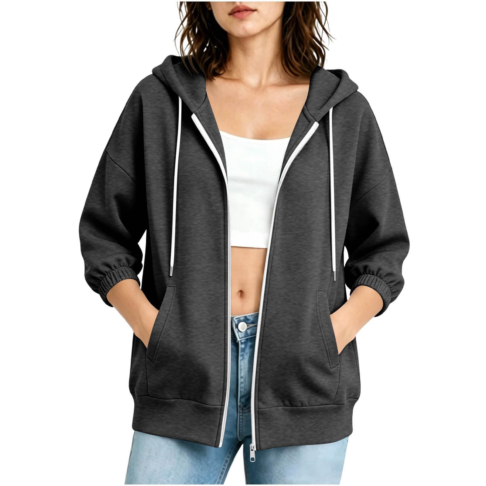 Zipped Hoodies for Women, Summer Jackets Oversized Solid Hoodie Women Lightweight Loose Fit Jacket Ladies Soft Sweatshirt with Pockets Casual Long Sleeve Hooded Outfit for Travel