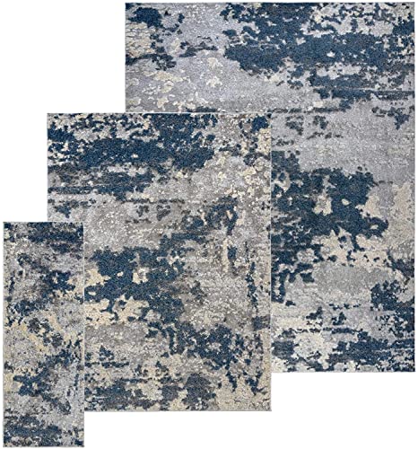 Gertmenian Area Rug 3 Piece Sets Non-Shedding Soft Modern Contemporary Carpet Pc Living Room Dining Entryway Bedroom Runner Rugs Gift Set, 2X6 5X7 8X10 Large, Navy Blue Abstract, 81739 #TOP13