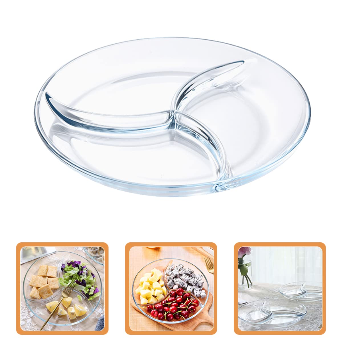 Cabilock Assiette Séparation des Aliments à 3 Compartiments Divisée en Verre Trempé Usage Facile pour Fruits et Salade Barbecue et Jardin