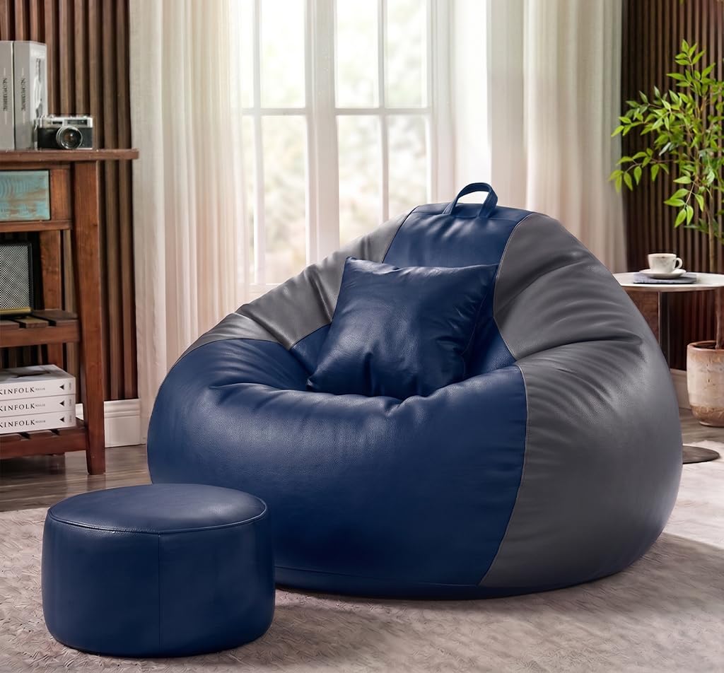 Sattva Classic 4XL Bean Bag Chair with Beans Filled | Faux Leather Sofa Style Bin Bags with Filled Beans | Comfortable Seating for Adults & Teens, Home & Office - Navy Blue & Grey-picture-18