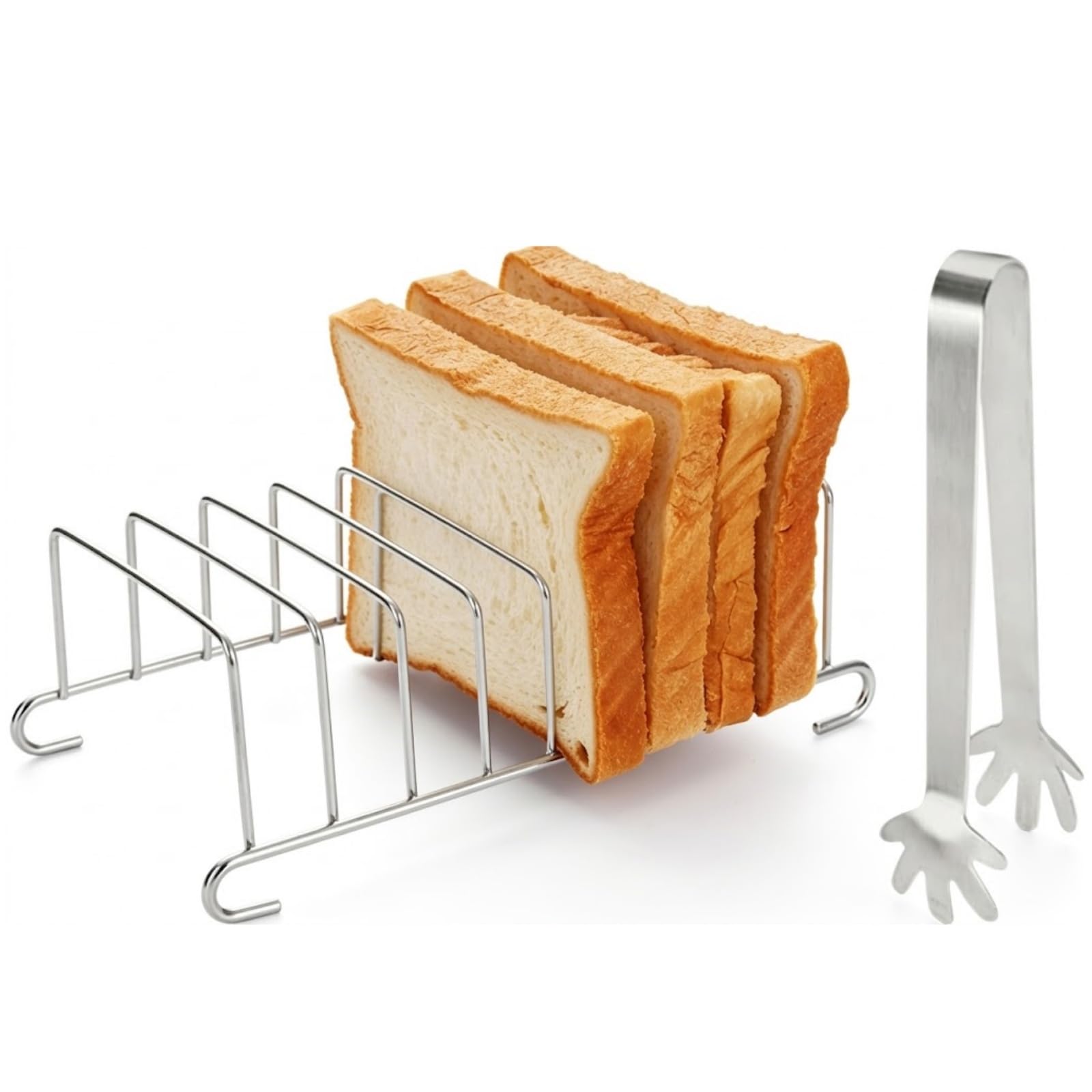ULTECHNOVO Air Fryer Toast Rack with Food Tong Set, Stainless Steel Bread Loaf Stand Holder, 8-Slot Space Saving Toasted Bread Rack for Home Kitchen Breakfast, Silver