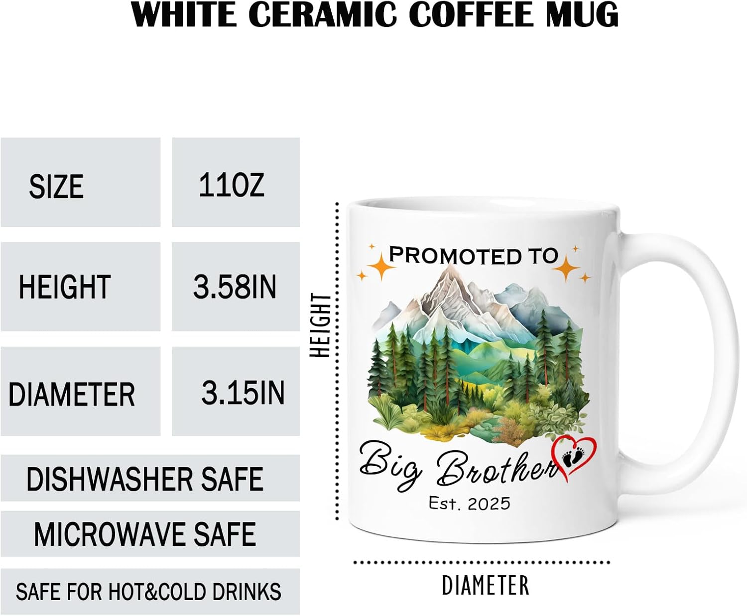 Promoted to Big Brother Gifts Est 2025, Brother to Be Baby Announcement Gifts Ceramic Coffee Mug 11 oz (brother2025) - Image 2