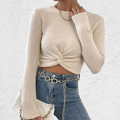ACOSAP Women's Casual Twist Front Long Sleeve Cropped Sweater Round Neck Ruched Fitted Knitted Pullovers2