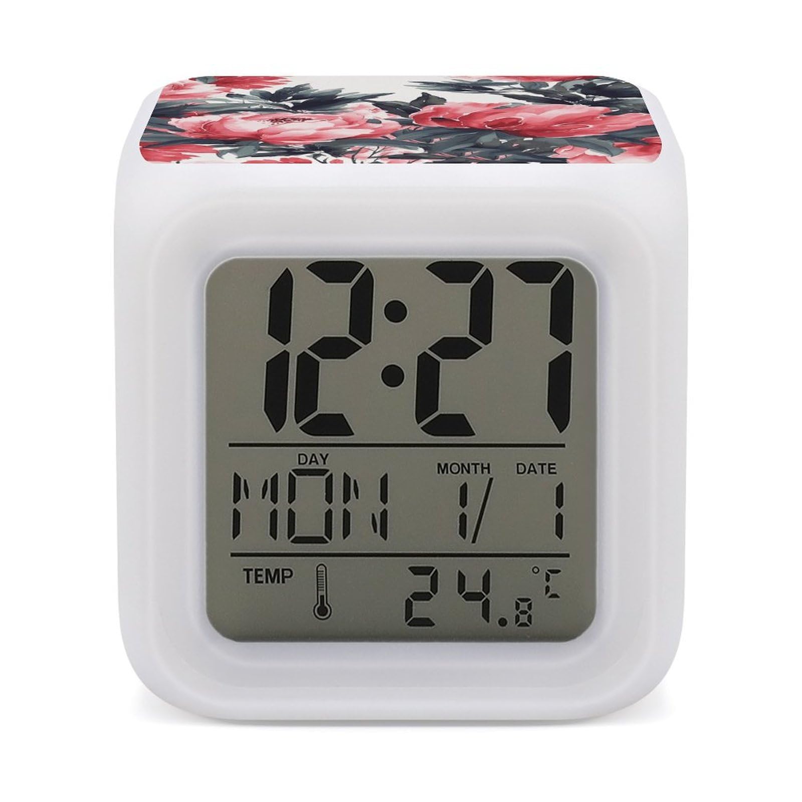 FekiLoot Peonies Spring Alarm Clock for Heavy Sleepers Small Digital Alarm Clock with Date Temperature Wake Up Digital Clocks with 7 Colors Changing Desk Clocks for Bedroom Bedside Nightstand