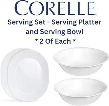 Corelle 12-1/4-Inch Serving Platter, Winter Frost White - 2-Pack with 2-Quart Serving Bowl, Winter Frost White 2PK - Set of 4