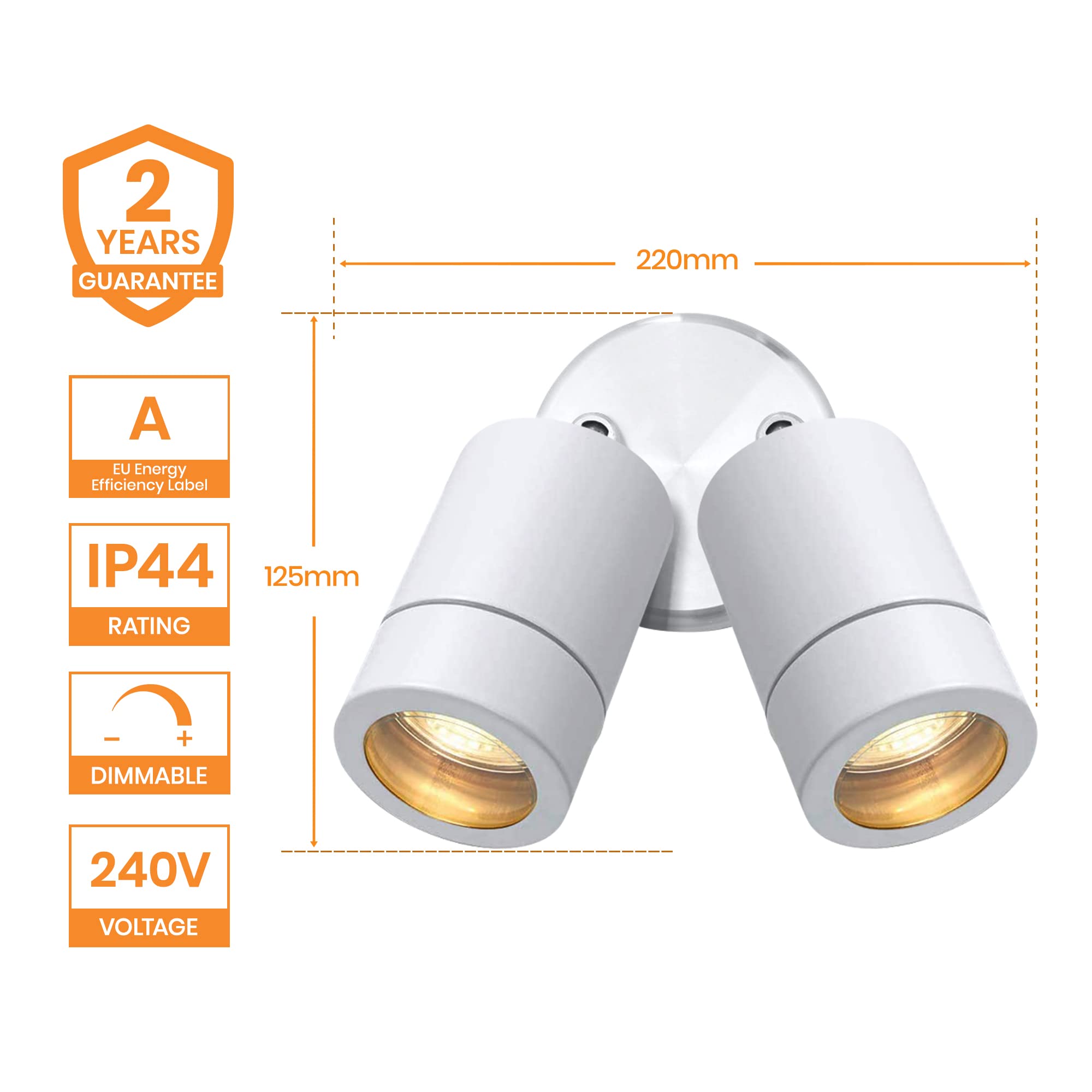 National Lighting IP44 Faretto da esterno doppio, in acciaio bianco lucido, inclinabile regolabile, luci esterne alimentate a rete, 2 x 7 W 240 V LED GU10 (non incluse)