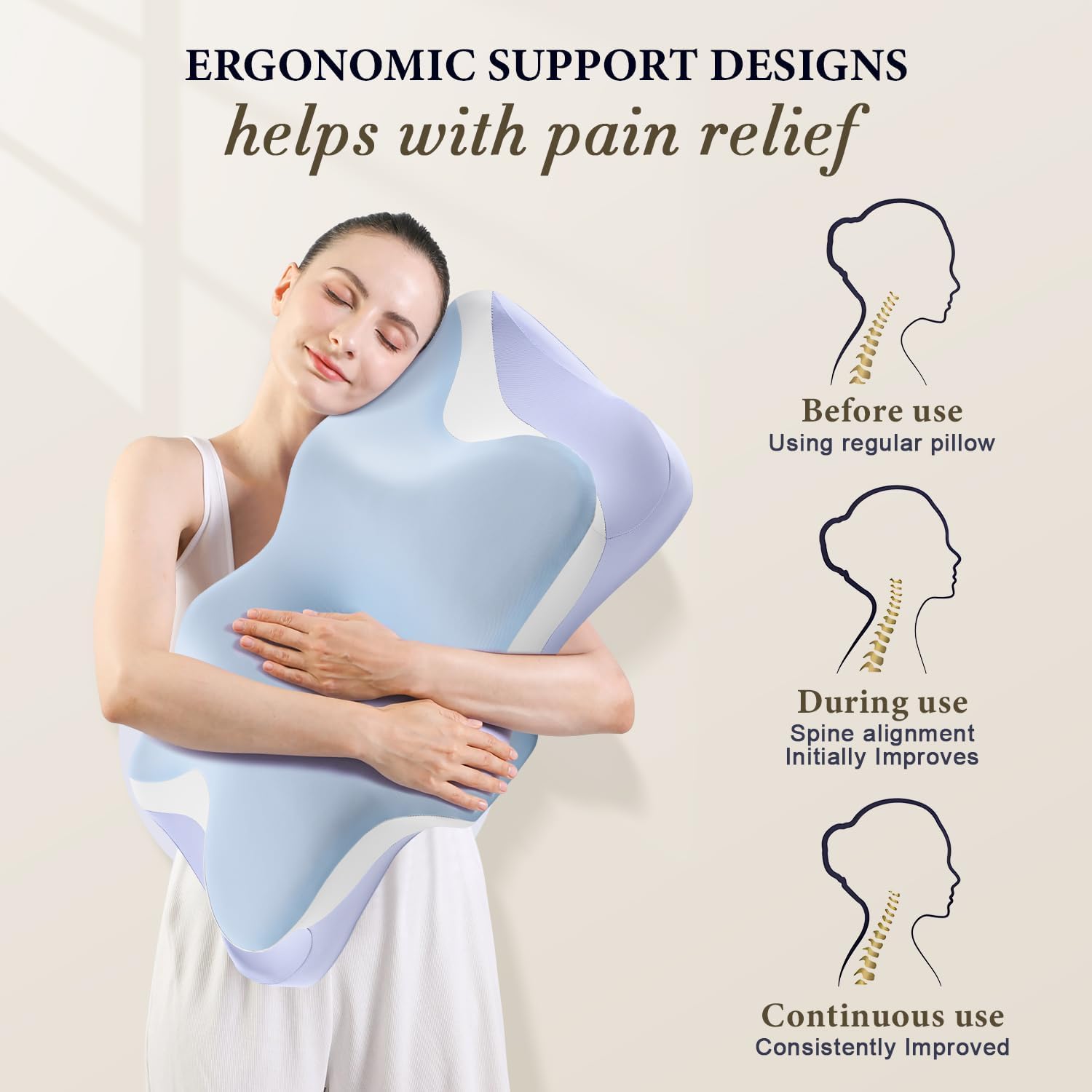 Cervical Pillow for Neck Pain Relief - Cooling Ergonomic Memory Foam Pillows for Sleeping, Contour Neck Support Pillow for Side, Back, Stomach Sleepers with Anti-pilling Pillowcase Queen Size-Ice Blue