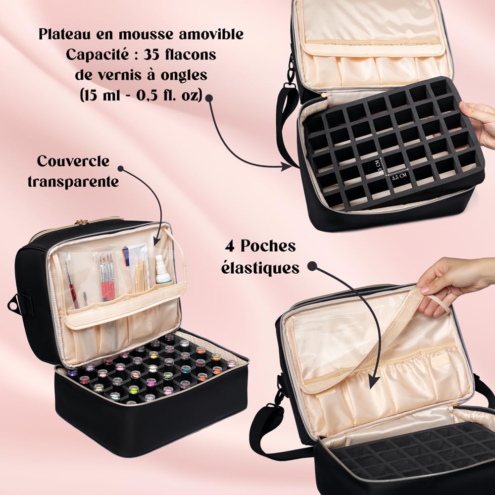 Bolsa de almacenamiento de esmalte de uñas – Maletín profesional para manicura y barniz – Estuche compacto con bandeja extraíble para 45 barnices (15 ml)