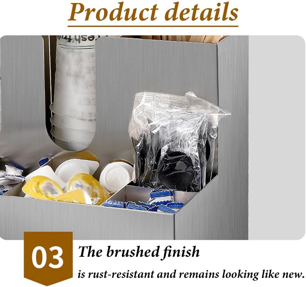 Coffee Station Organizer Stainless Steel, Compartments Condiment Caddy, Countertop Coffee Bar Accessories Organizer, Disposable Coffee Cup Holder for Home or Commercial (15.8"Lx9"Wx15.7"H)